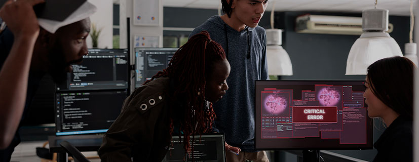 Imagem de pessoas dentro de um escritório mexendo nos computadores