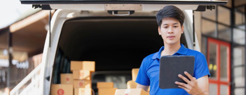 Homem segurando um tablet, com pacotes de entrega ao fundo